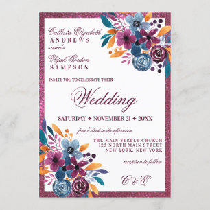 Bourgogne Navy Mosterd Waterverf Bloemen Wedding Kaart