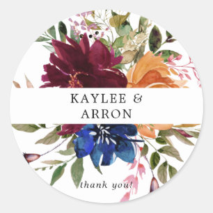 Bourgogne & Navy Sinaasappel Herfst Floral Dank u Ronde Sticker