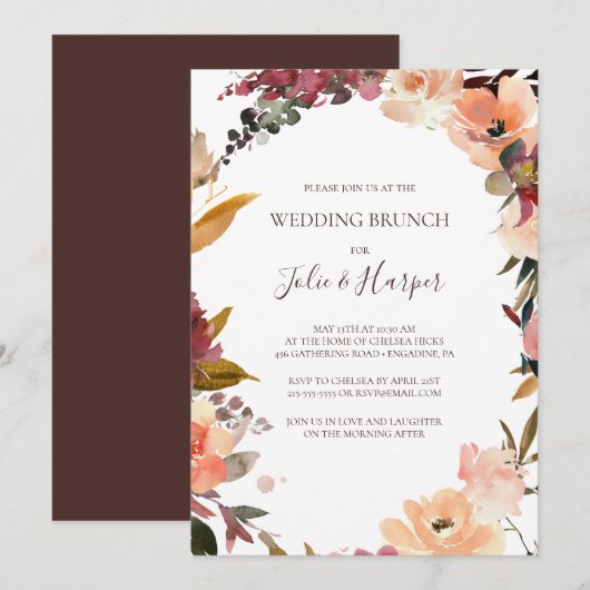 Bourgogne Orange Floral Mariage Brunch Invitation (Devant / Derrière)