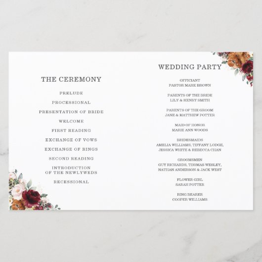 Bourgogne Orange Floral Programme de mariage plié (Dos)