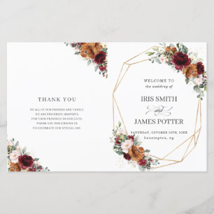 Bourgogne Orange Floral Programme de mariage plié