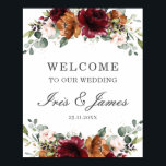 Bourgogne Orange Ivory Floral Mariage Affiche de b<br><div class="desc">Conçu pour coordonner avec notre collection de mariages Rustic Blooms, cet élégant panneau d'accueil présente de belles aquarelles bordeaux, rousses, roses et hydrangées d'orange et d'ivoire brûlés. Personnalisez-le avec vos propres détails facilement et rapidement, appuyez simplement sur le bouton customiser pour réorganiser et formater le style et le placement du...</div>