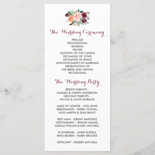 Bourgogne Orange Rose Fleurs Programme de mariage (Dos)