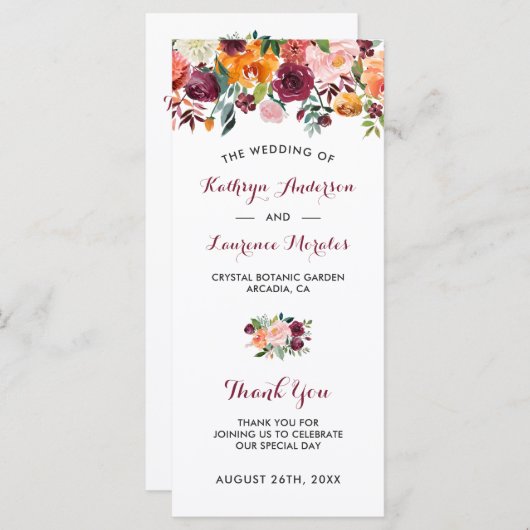 Bourgogne Orange Rose Fleurs Programme de mariage (Devant / Derrière)