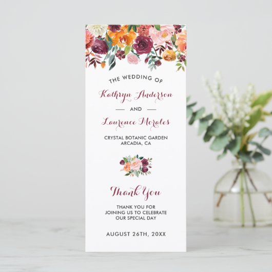 Bourgogne Orange Rose Fleurs Programme de mariage (Debout devant)