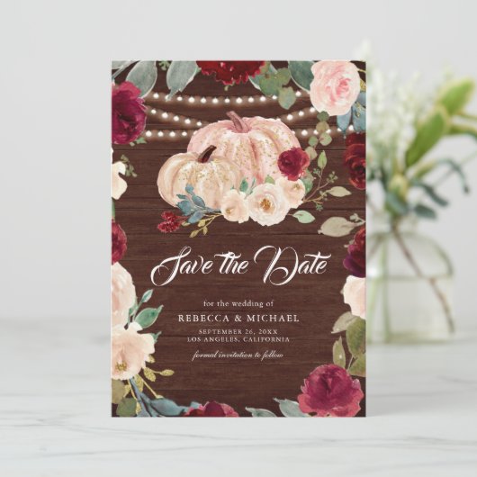 Bourgogne Perzik Bloemen Pompoen Hout Wedding Save The Date (Staand voorkant)