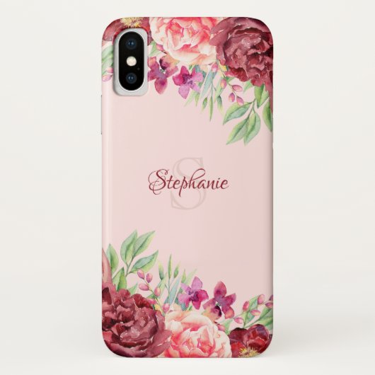 Bourgogne Perzik Blush Bloemen Roos Monogram Case-Mate iPhone Case (Achterkant)