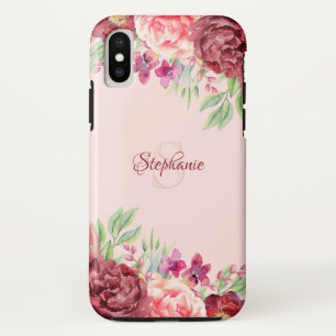 Bourgogne Perzik Blush Bloemen Roos Monogram iPhone X Hoesje