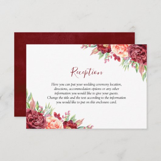 Bourgogne Perzik Roos Waterverf Bloemenbruiloft Informatiekaartje (Voorkant / Achterkant)