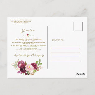 Bourgogne Pink Floral Spanish Baptism Gracias Briefkaart