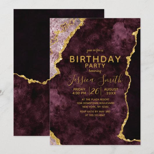 Bourgogne Pink Gold Foil Invitation de fête d'anni (Devant / Derrière)