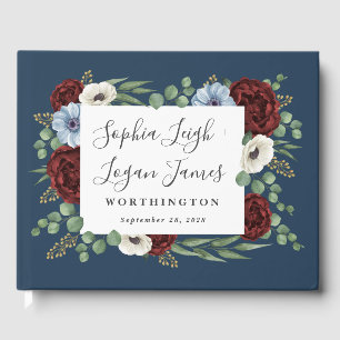 Bourgogne Pioen Stoffig Blauw Anemoon Bloemen Brui Gastenboek
