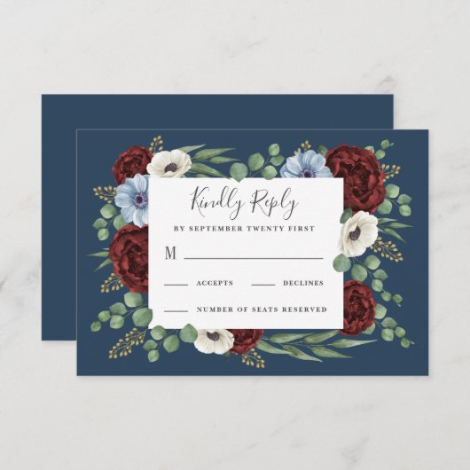 Bourgogne Pioen Stoffig Blauw Anemoon Bloemen Brui RSVP Kaartje (Voorkant / Achterkant)