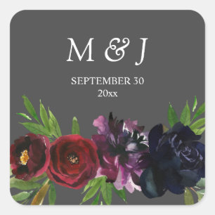 Bourgogne Plum Navy Floral Monogram Grijs Vierkante Sticker