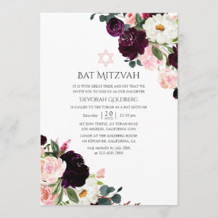 Bourgogne Pruim en Blush Pink Bat Mitzvah Kaart