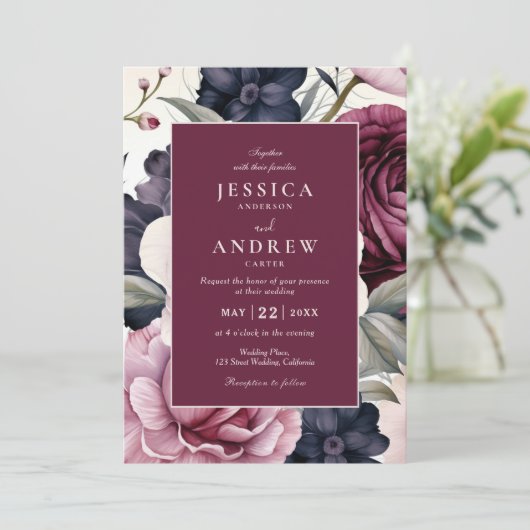 Bourgogne Pruim Paarse Bloemen Waterverf Bruiloft Kaart (Staand voorkant)