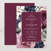 Bourgogne Pruim Paarse Bloemen Waterverf Bruiloft Kaart (Voorkant / Achterkant)