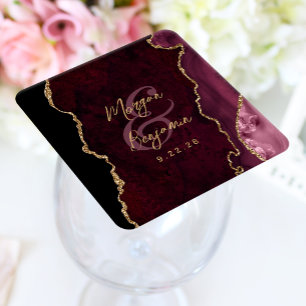 Bourgogne Red Agate Gold Script Wedding Vierkante Kartonnen Onderzetter