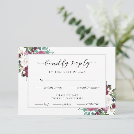 Bourgogne Red Blooms Boho Bruiloft RSVP Maaltijd K (Staand voorkant)