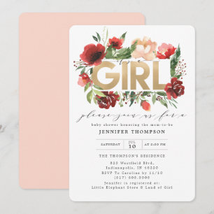 Bourgogne Red Blush Floral Gold Glitter Baby showe Kaart