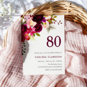 Bourgogne Red Boho Floral 80ste Verjaardagsfeest Kaart