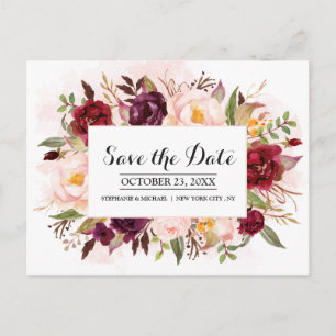 Bourgogne Red Floral Rustic Boho Save the Date Aankondigingskaart