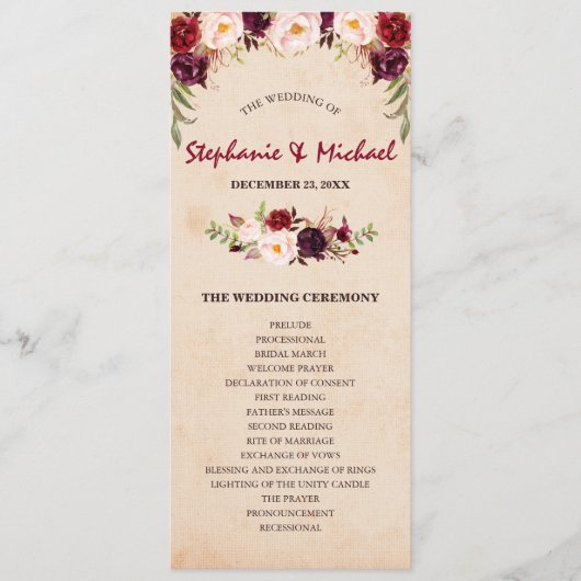 Bourgogne Red Floral Rustic Wedding programme (Devant)