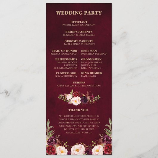 Bourgogne Red Floral Rustic Wedding programme (Dos)