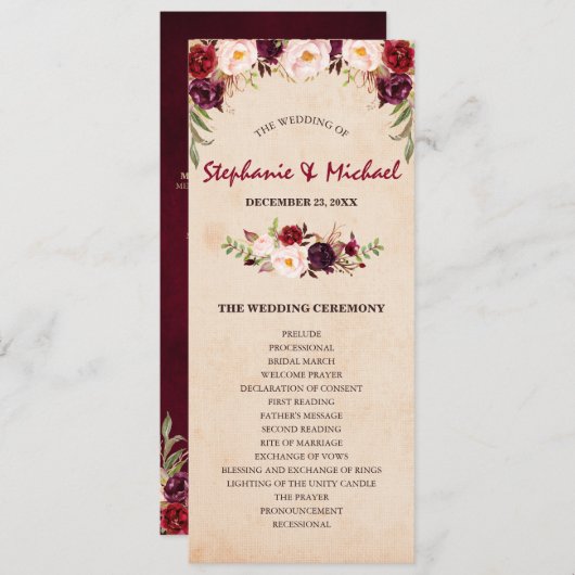 Bourgogne Red Floral Rustic Wedding programme (Devant / Derrière)