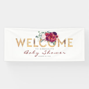 Bourgogne Red Flowers Gold Typografie Baby shower Spandoek