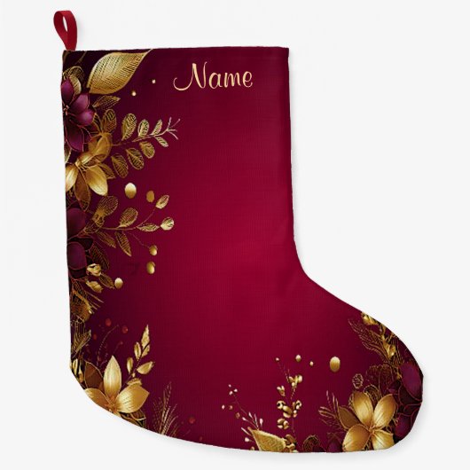 Bourgogne Red Gold Flowers Holiday Stocking Grote Kerstsok (Voorkant)