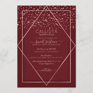 Bourgogne Red Rose Gold Confetti Border Sweet 16 Kaart