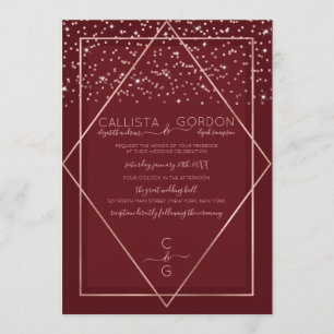 Bourgogne Red Rose Gold Confetti Geo Border Weddin Kaart