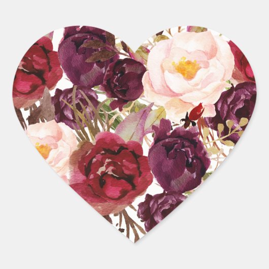 Bourgogne Rode Bloemen Herfst Bruiloft Hart Seal Hart Sticker (Voorkant)