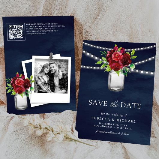 Bourgogne Rode Bloemen Marine QR Code Trouwfoto Save The Date