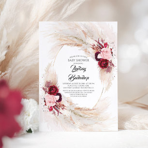 Bourgogne Rode Bloemen Pampas Grass Baby shower Kaart