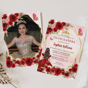 Bourgogne Rode Bloemen Prinses Quinceañera Foto Kaart