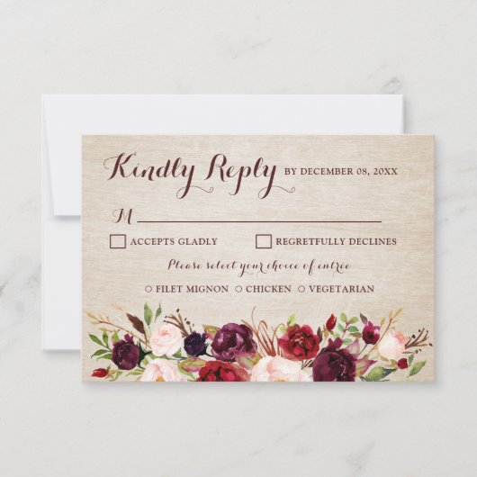 Bourgogne Rode Bloemen Rustiek Boho Huwelijk RSVP Kaartje (Voorkant)