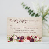 Bourgogne Rode Bloemen Rustiek Boho Huwelijk RSVP Kaartje (Staand voorkant)
