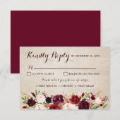 Bourgogne Rode Bloemen Rustiek Boho Huwelijk RSVP Kaartje (Voorkant / Achterkant)