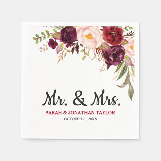 Bourgogne Rode Bloemen Rustieke Boho Papier Servet (Voorkant)