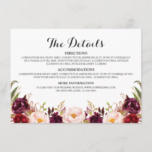 Bourgogne Rode Bloemen Rustieke Bruiloft Details Informatiekaartje (Voorkant)
