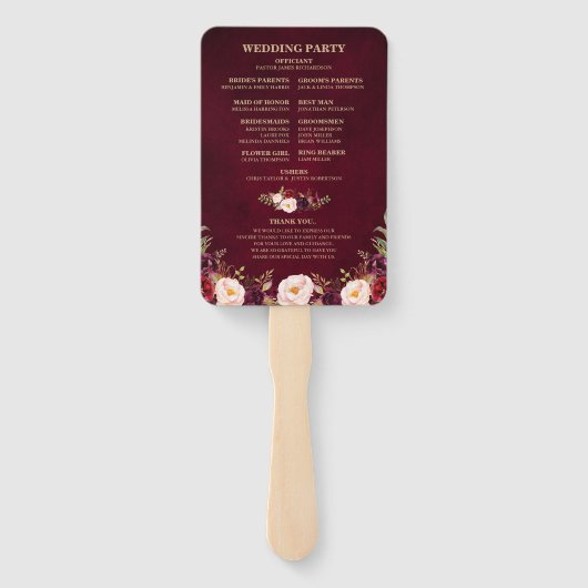 Bourgogne Rode Bloemen Rustieke Burlap Trouwprogra Handwaaier (Achterkant)