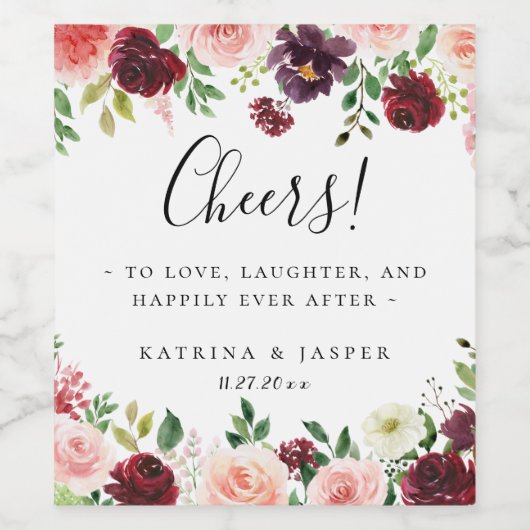 Bourgogne Rode Blush Bloemen Lijst Bruiloft Wijn Etiket (Enkel label)