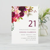 Bourgogne Rode Boho Bloemen 21ste Verjaardagsfeest Kaart (Staand voorkant)
