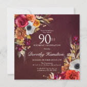 Bourgogne Rode Herfst Bloemen Script 90ste Verjaar Kaart (Voorkant)