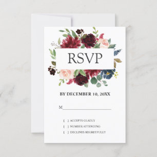 Bourgogne Rode Marine Bloemen Boho Bruiloft RSVP Kaartje