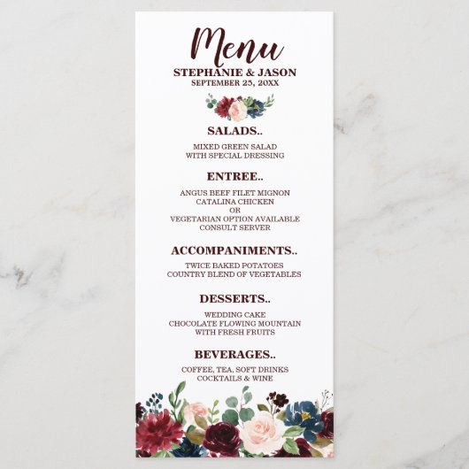 Bourgogne Rode Marine Bloemen Rustieke Boho Bruilo Menu (Voorkant)