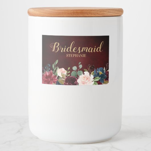 Bourgogne Rode Marine Bloemen Rustieke Boho bruilo Voedselcontainer Etiket (Voorkant)