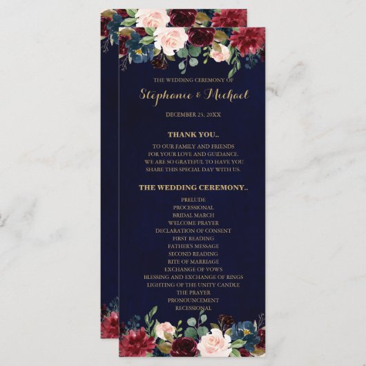 Bourgogne Rode Marine Bloemen Rustieke Boho Progra Programma (Voorkant / Achterkant)